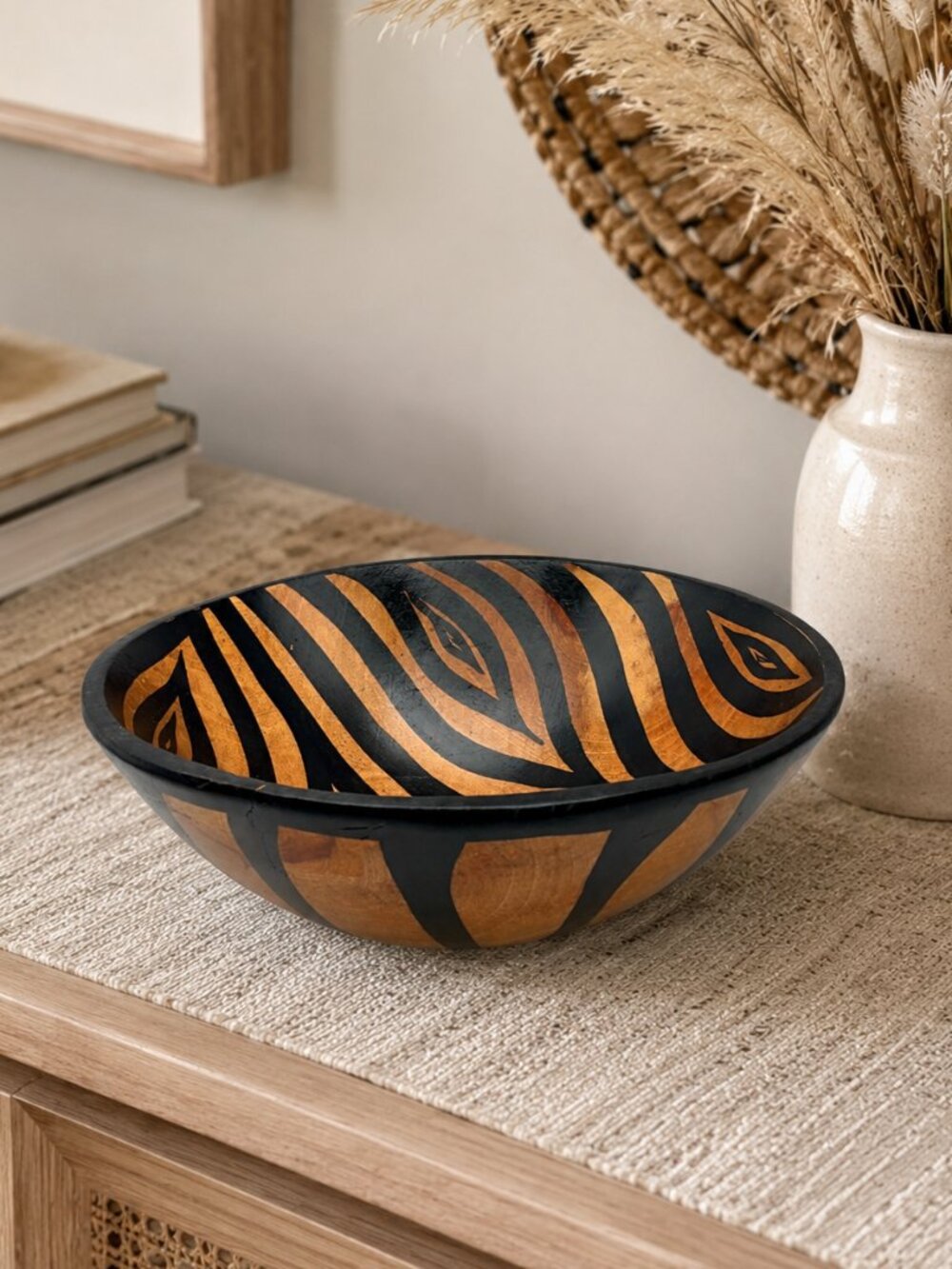 Vintage Zimbabwe Jacaranda Wood Zebra Bowl Hand Painted African Safari Decor